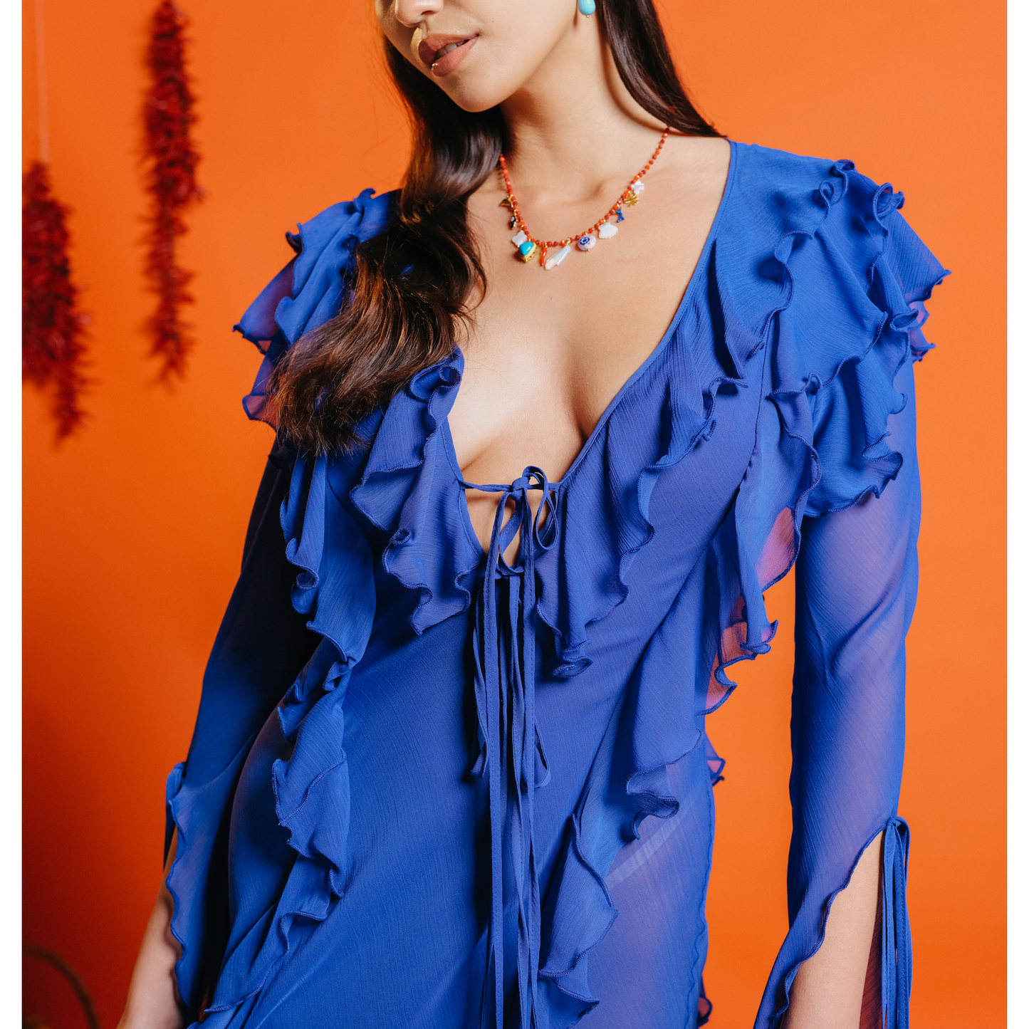 Maxi Ruffle Sheer Dress in Royal Blue