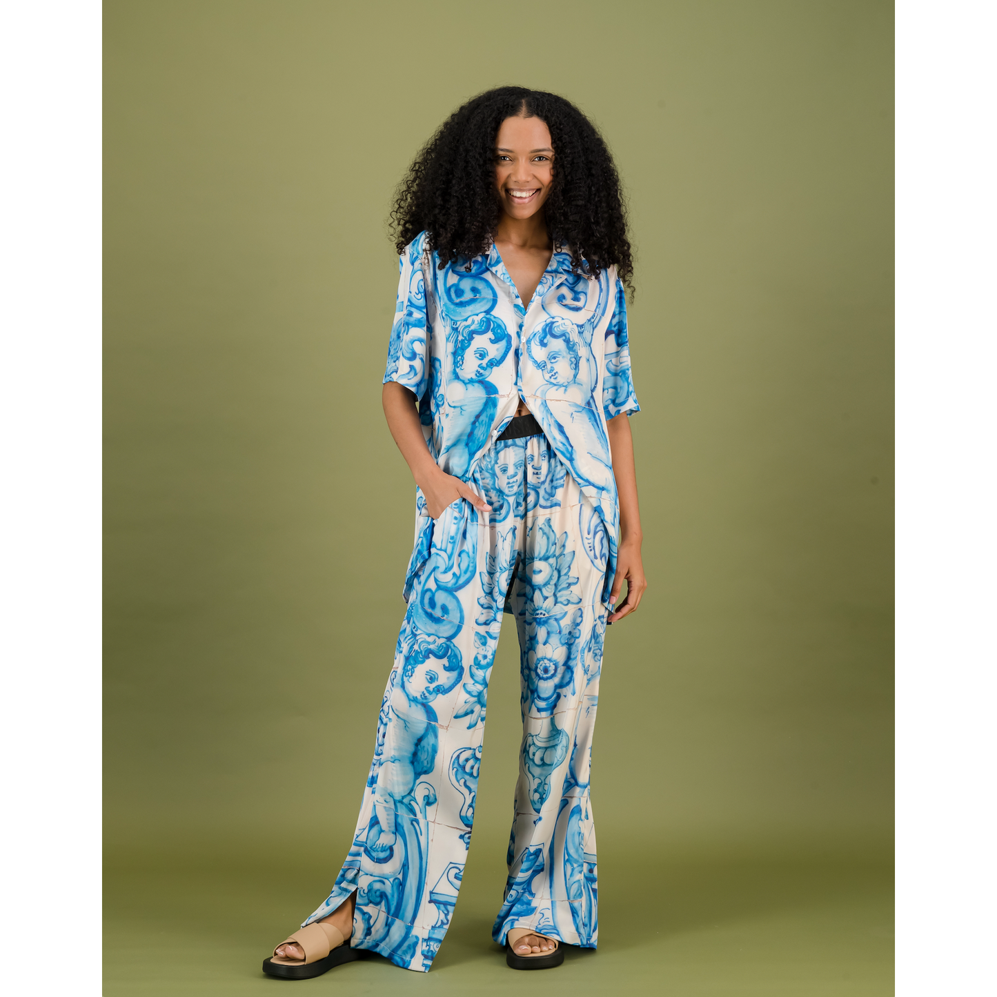 Satin Pants - Blue & White Tile Print