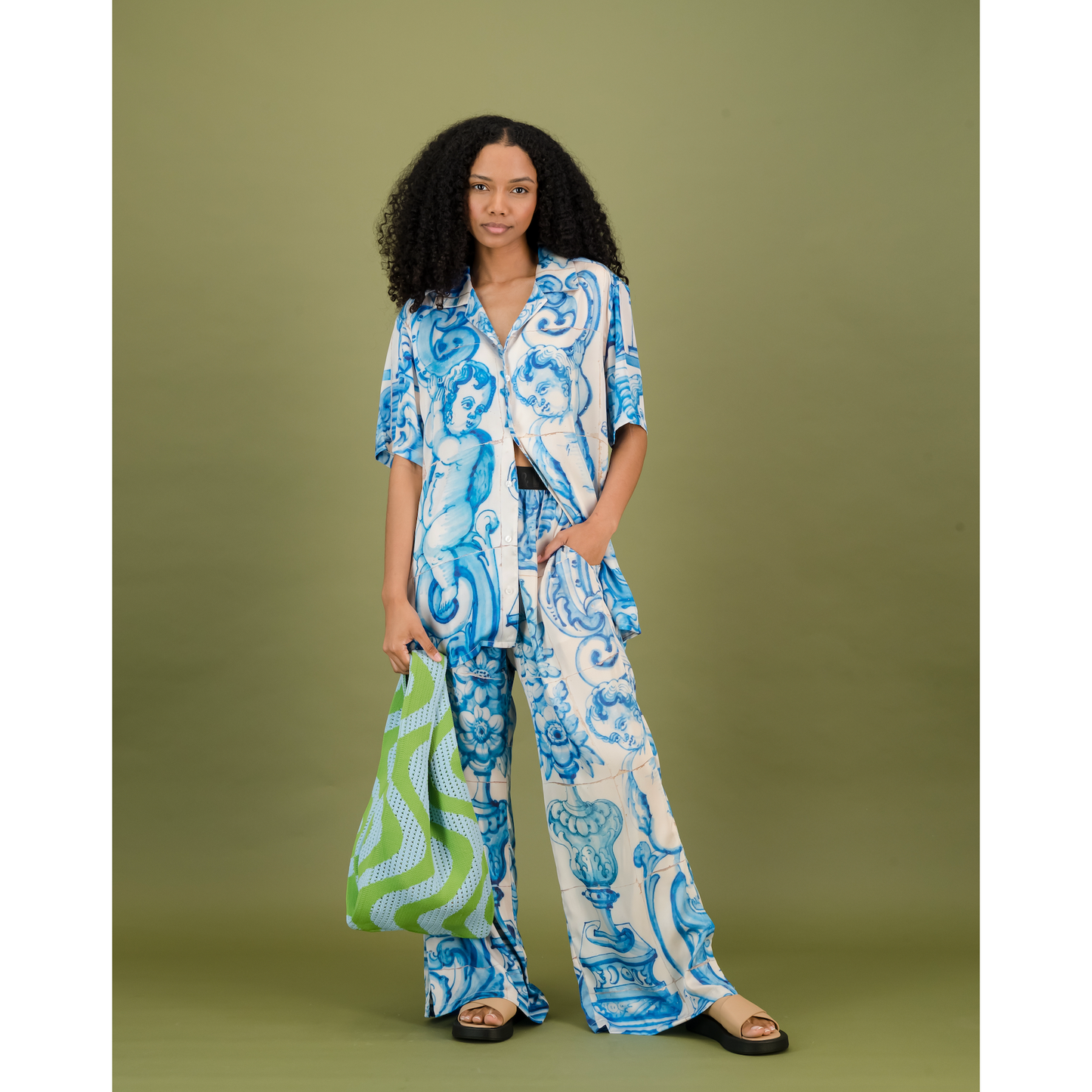 Satin Pants - Blue & White Tile Print