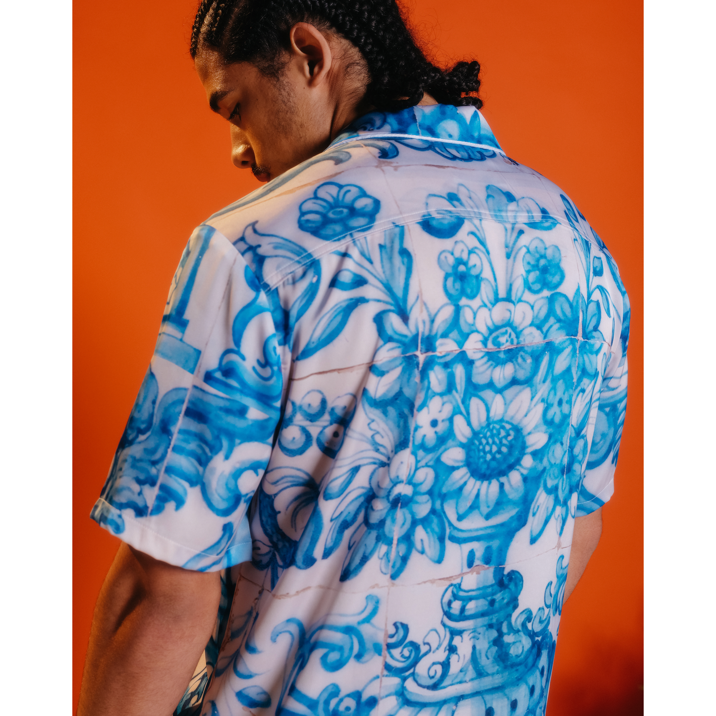 Satin Shirt - Blue & White Vintage Tile Print