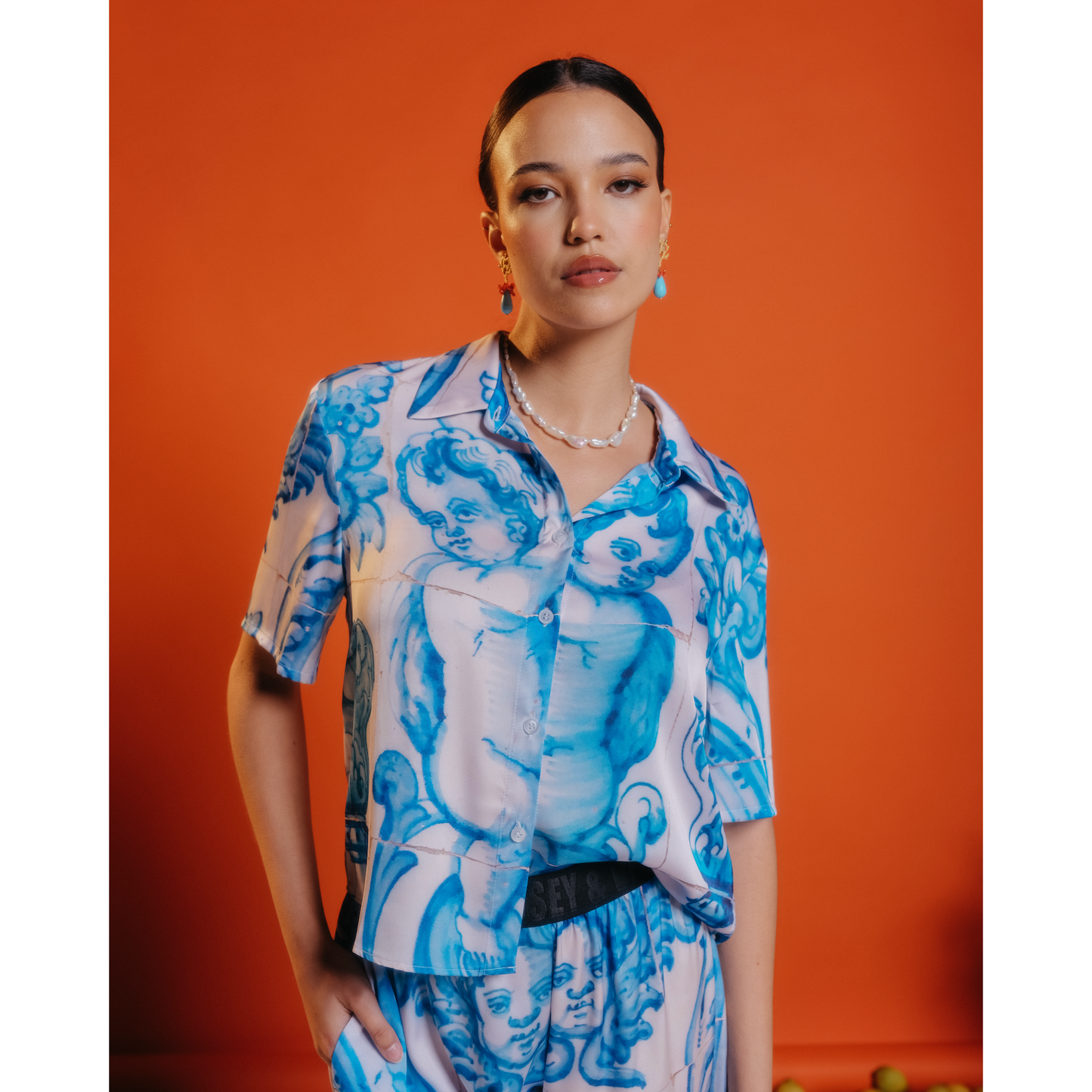 Satin Shirt - Blue & White Tile