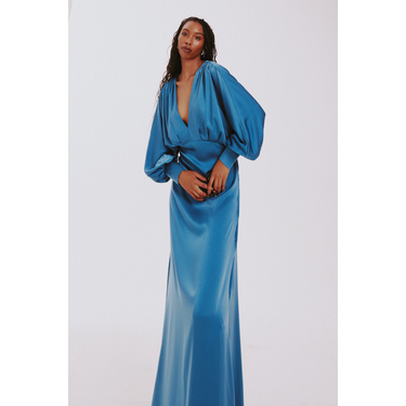 Long Sleeve Satin Formal Dress in Mallard Blue