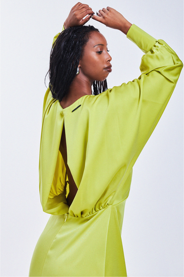 Long Sleeve Satin Formal Dress in Lime