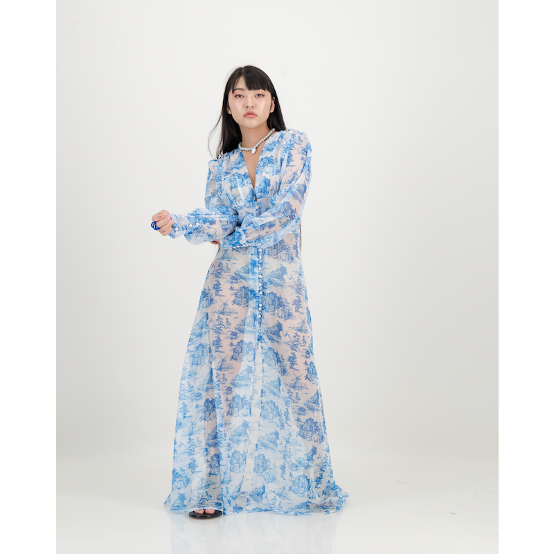 Yoryu Button Front Dress in Blue Toile de Jure