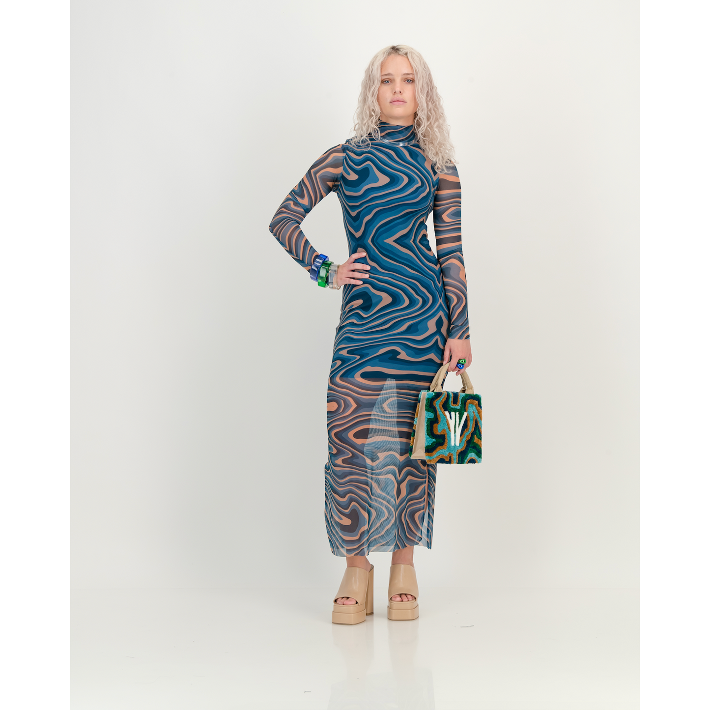 Mesh Dress in Blue & Peach Marble Print