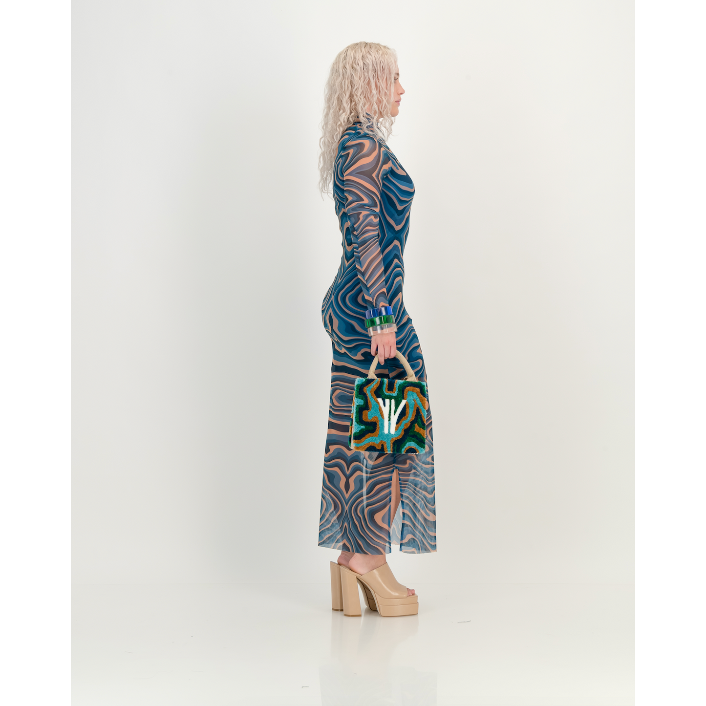 Mesh Dress in Blue & Peach Marble Print