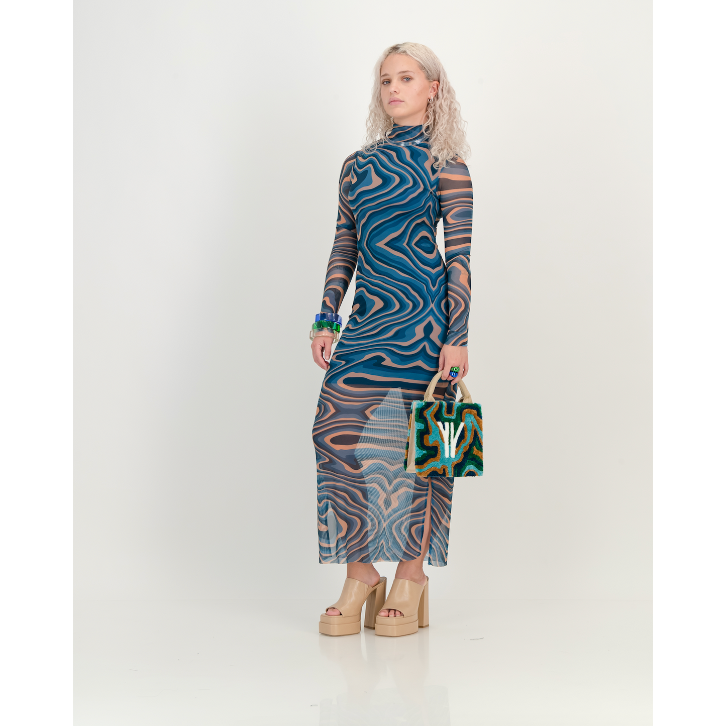 Mesh Dress in Blue & Peach Marble Print