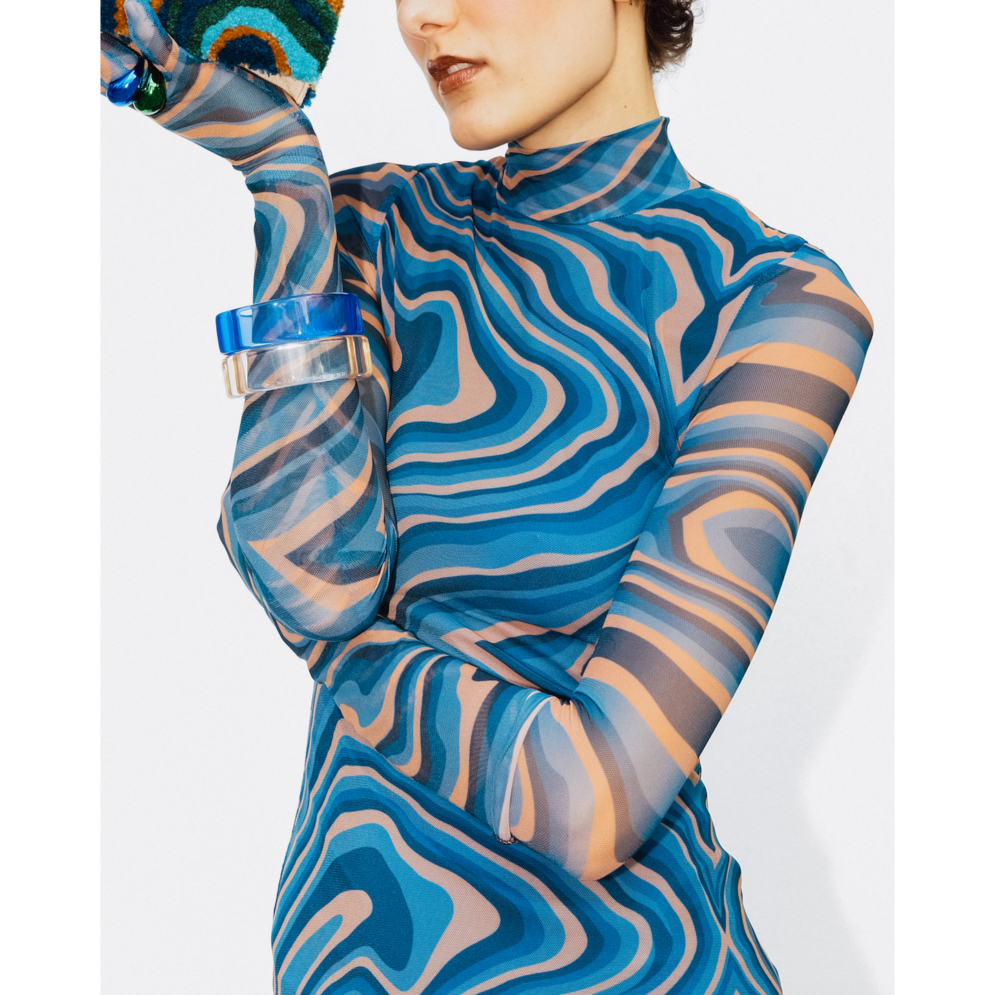 Mesh Dress in Blue & Peach Marble Print