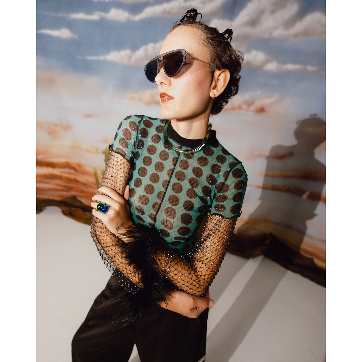 Short Sleeve Mesh Tee - Green Polka Dot