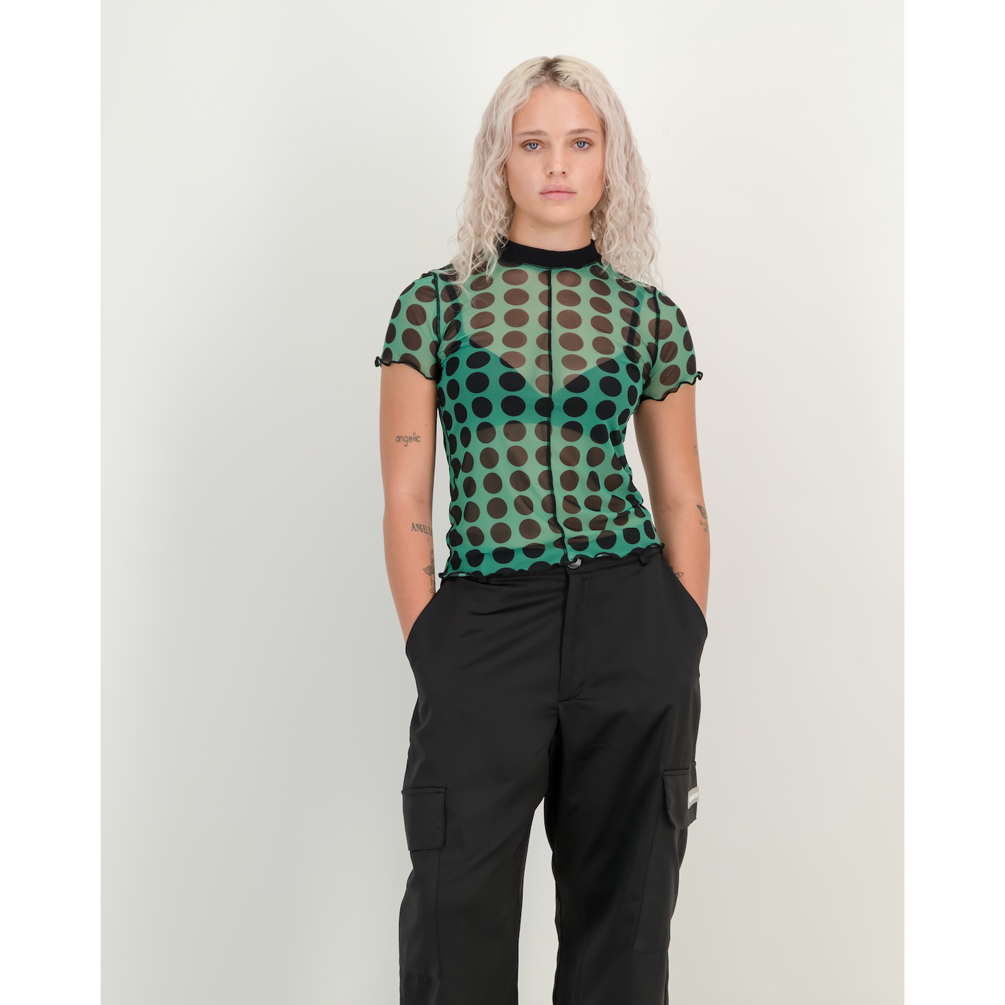 Short Sleeve Mesh Tee - Green Polka Dot