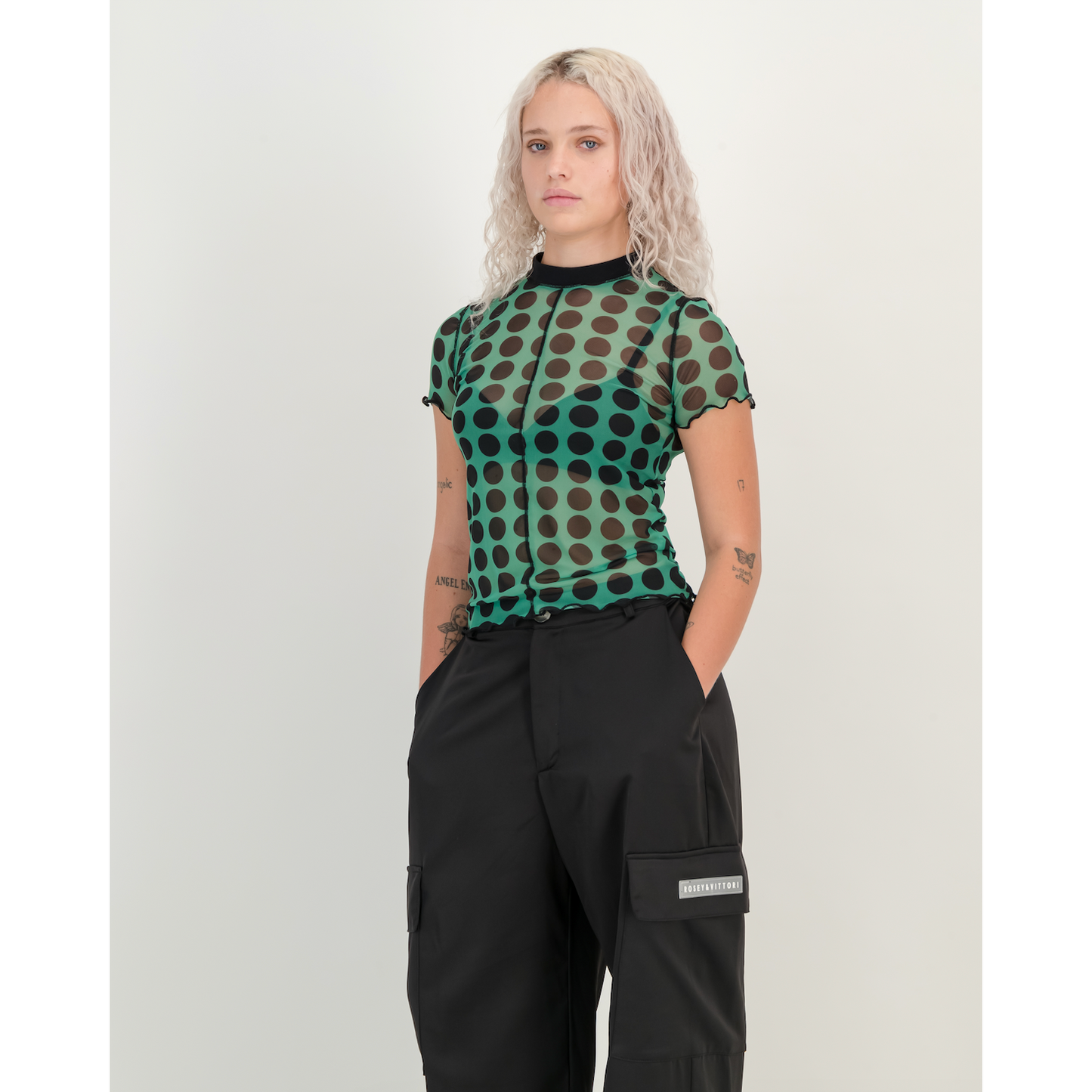 Short Sleeve Mesh Tee - Green Polka Dot