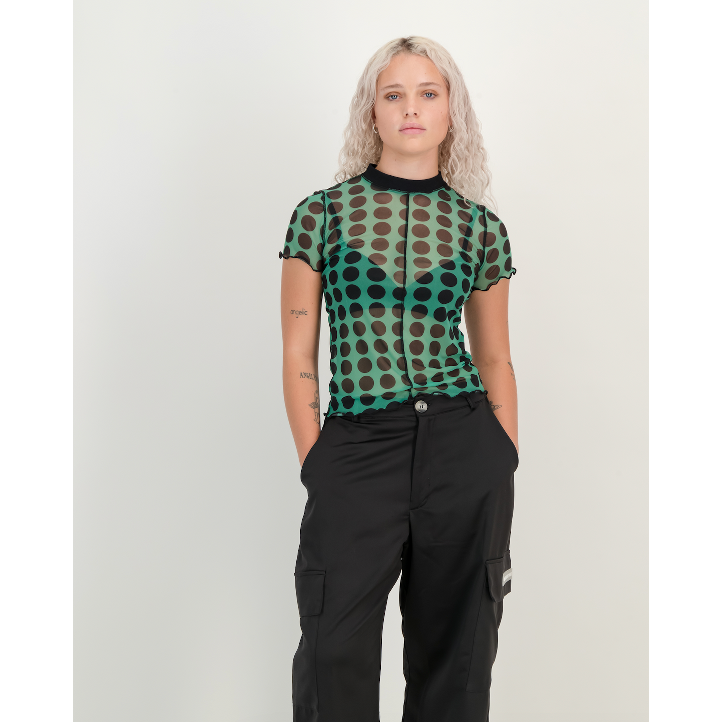 Short Sleeve Mesh Tee - Green Polka Dot