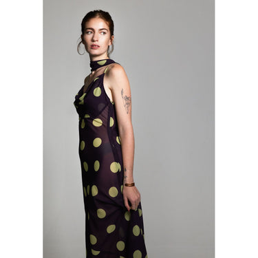 Aubergine & Lime Polka Dot Sheer Cowl neck Dress