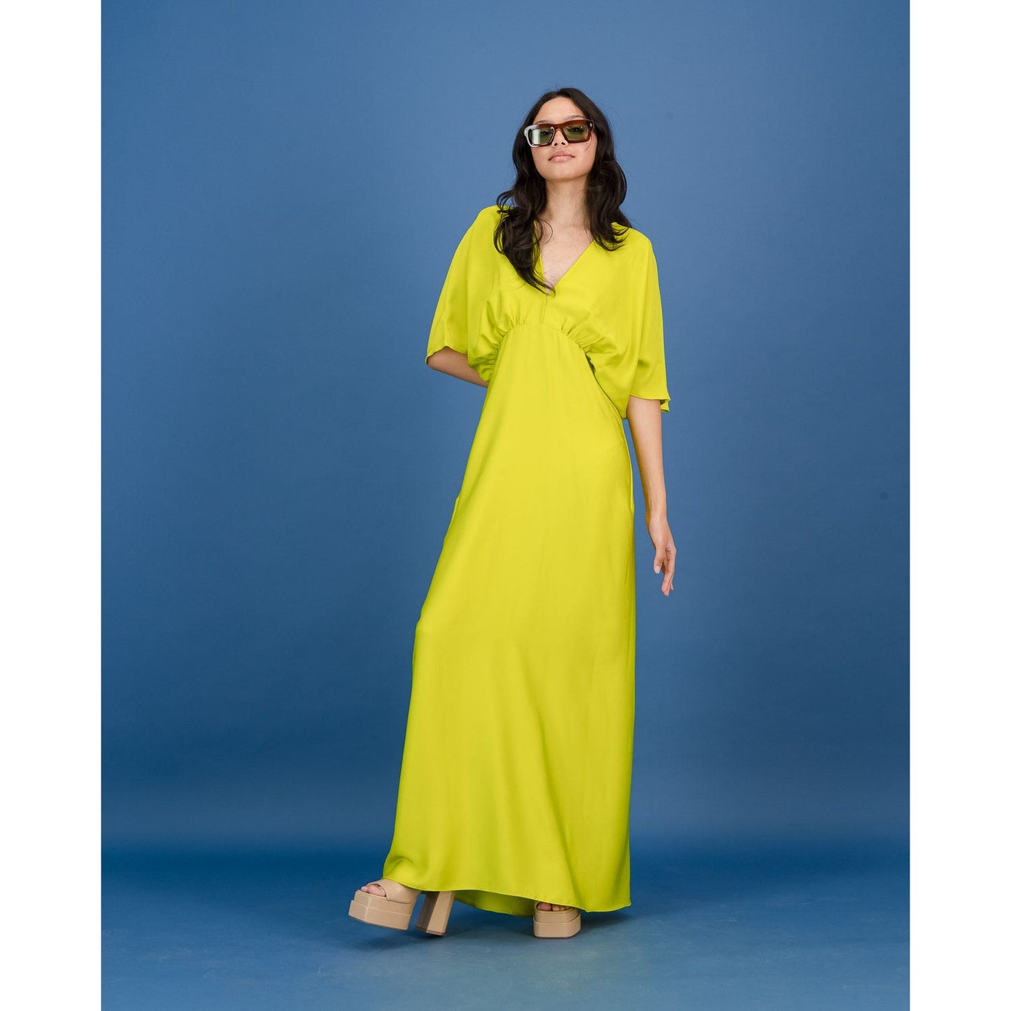 Short Sleeve Satin Formal Dress in Lime