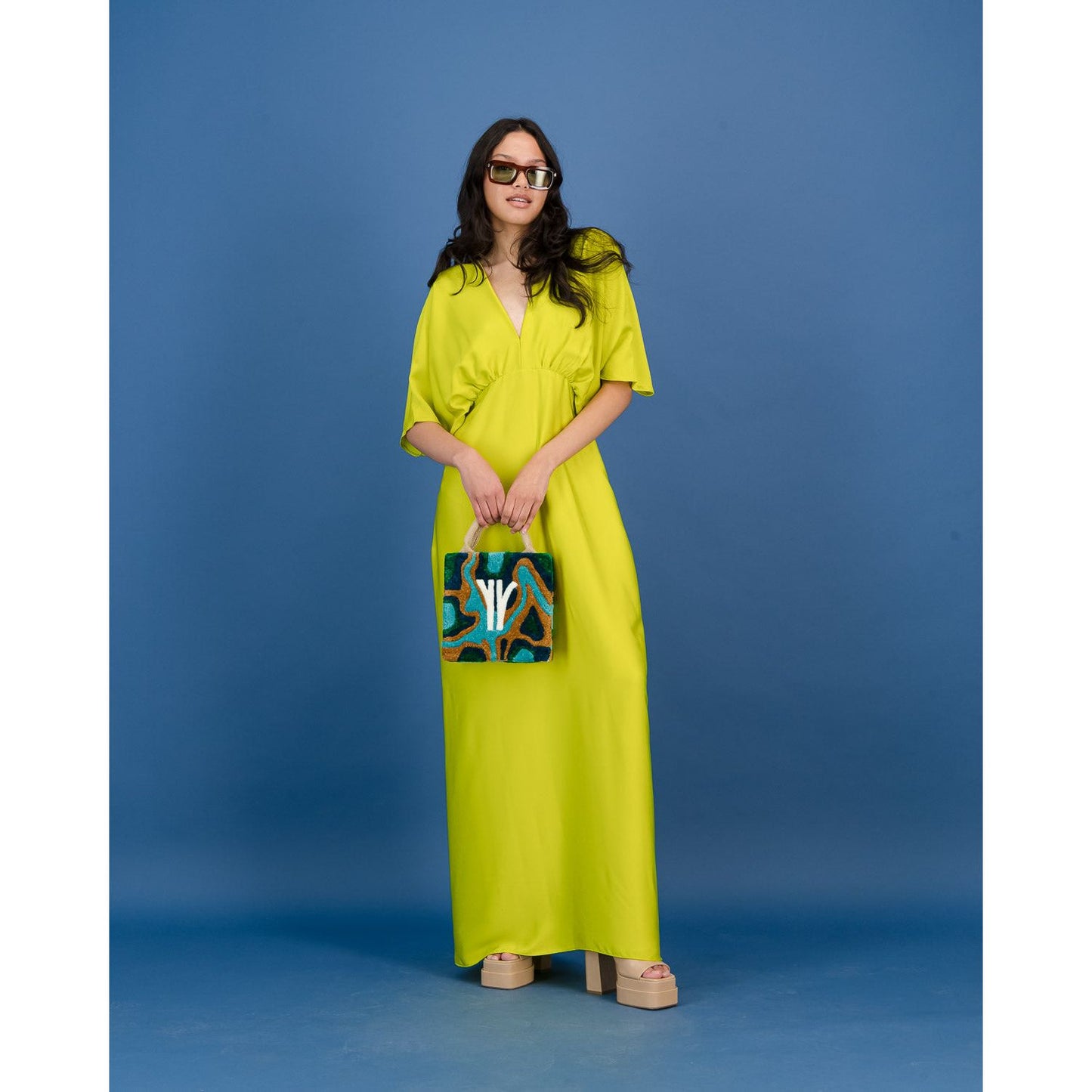 Short Sleeve Satin Formal Dress in Lime