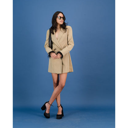 Blazer Dress in Camel with Black Feather Detail