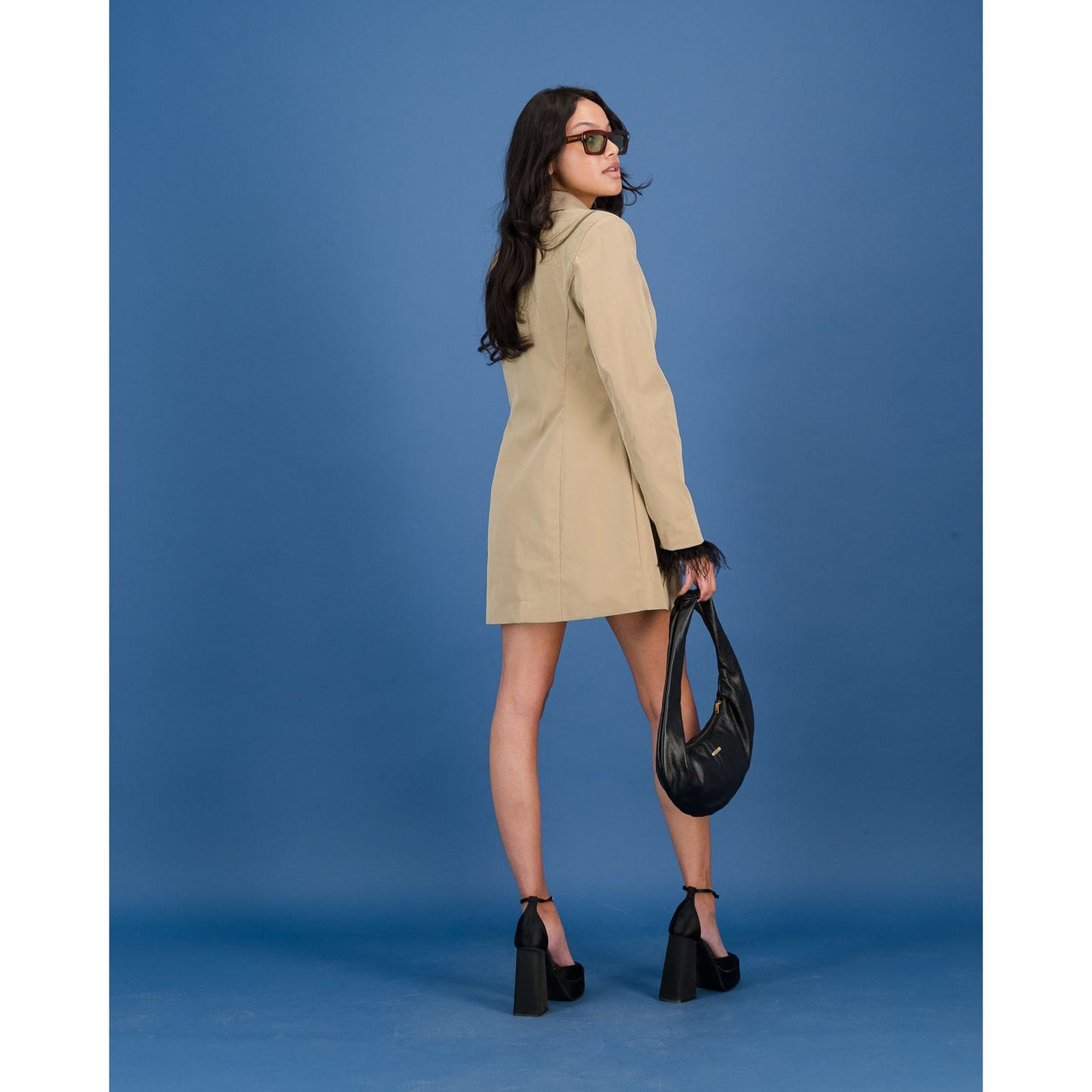 Blazer Dress in Camel with Black Feather Detail