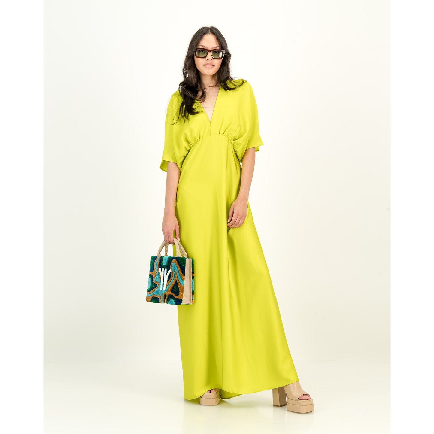 Short Sleeve Satin Formal Dress in Lime