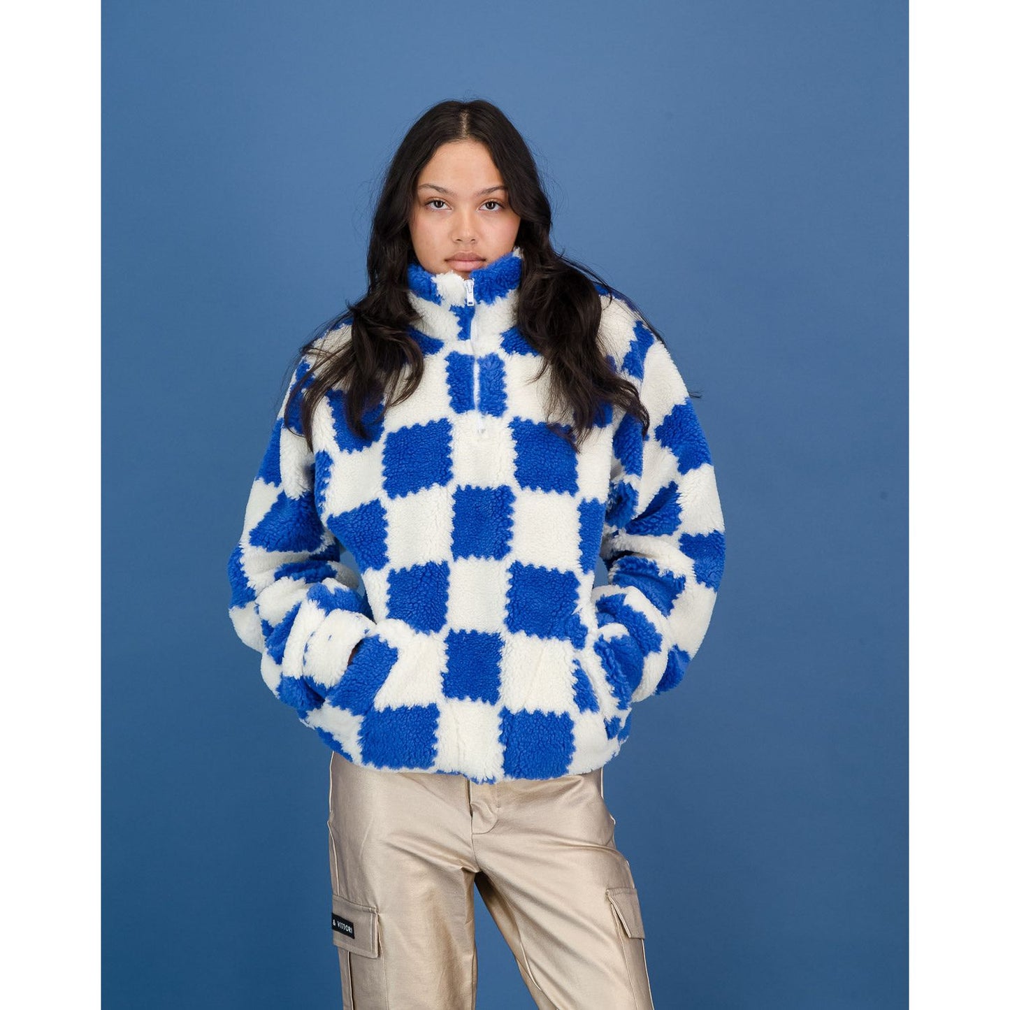 Sherpa Pull Over Sweater in Blue & White Check