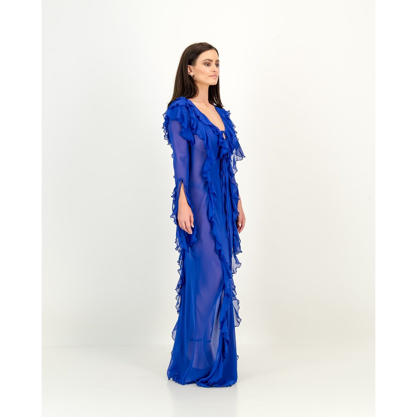 Maxi Ruffle Sheer Dress in Royal Blue