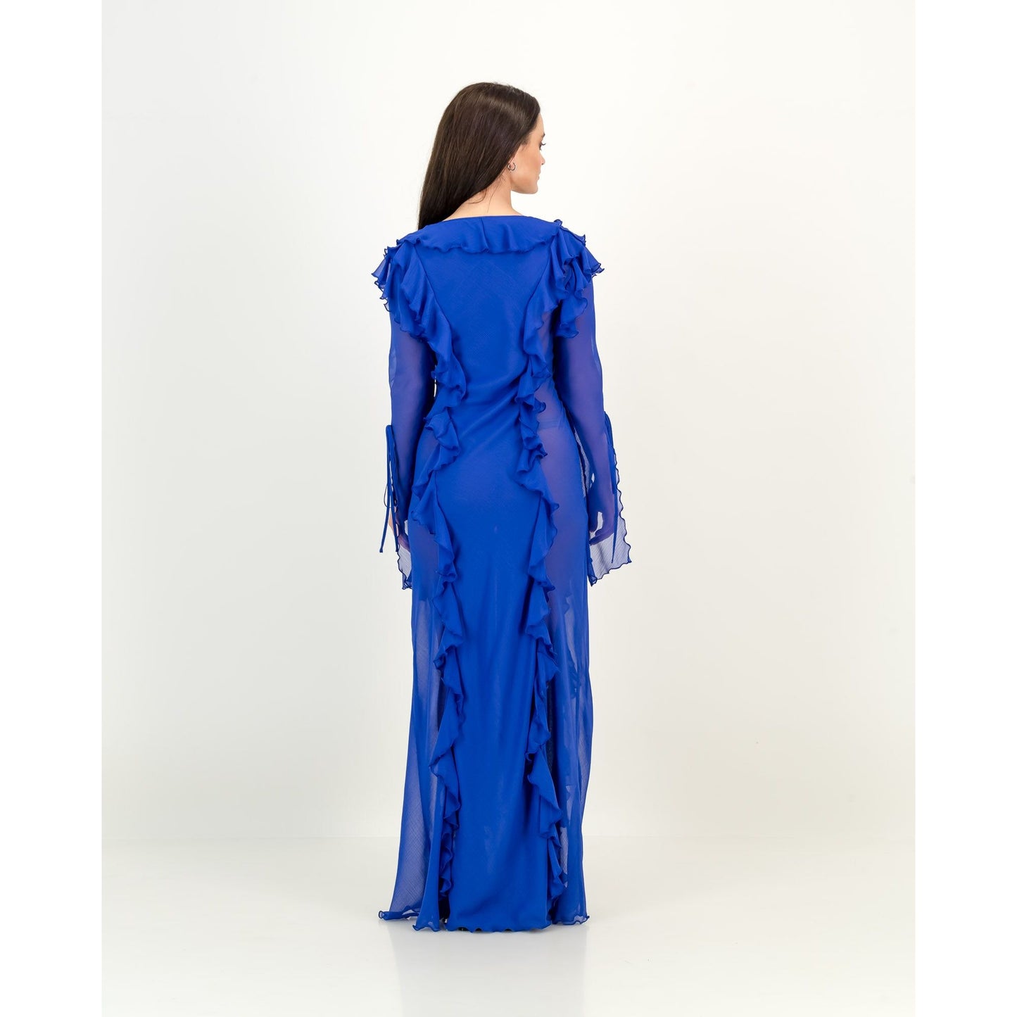 Maxi Ruffle Sheer Dress in Royal Blue