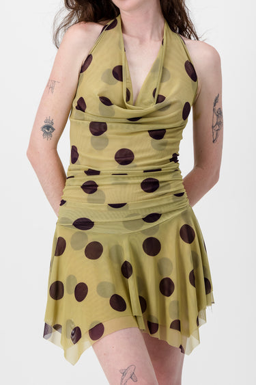 Lime & Aubergine Polka Dot Mesh Cowl Neck Dress