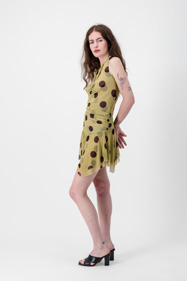 Lime & Aubergine Polka Dot Mesh Cowl Neck Dress