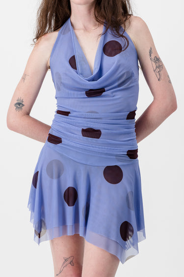 Baby Blue & Chocolate Polka Dot Mesh Cowl Neck Dress