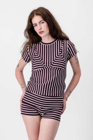 Burgundy & Cream Striped Bikini Tee