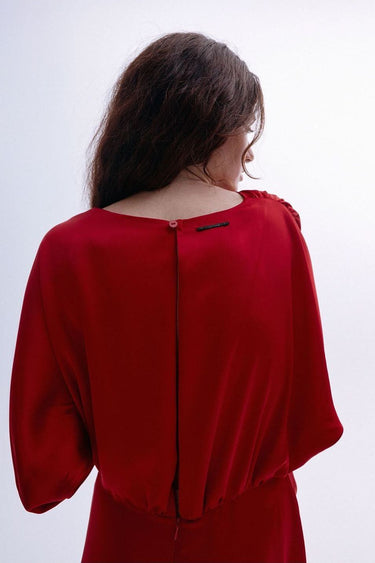 Ferrari Red Long Sleeve Satin Formal Dress