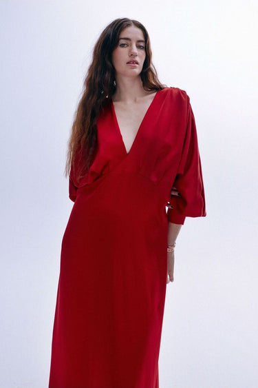 Ferrari Red Long Sleeve Satin Formal Dress