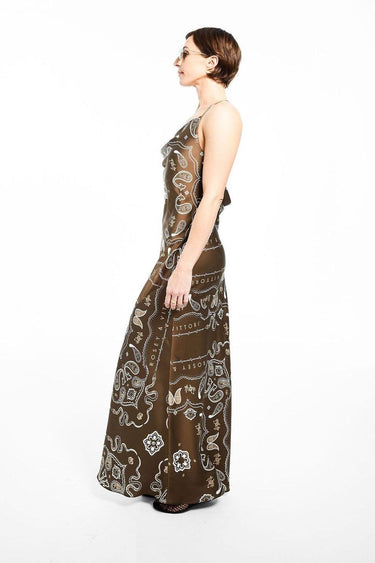 Brown Bandana Print Satin Cowl Neck Dress