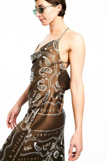 Brown Bandana Print Satin Cowl Neck Dress