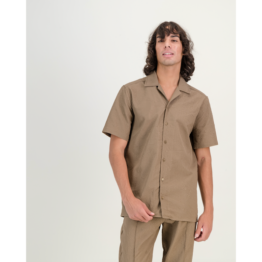 Crinkled Short Sleeve Button Front Shirt  - Mud