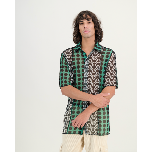 Mesh Panelled Shirt in Green and Black Print