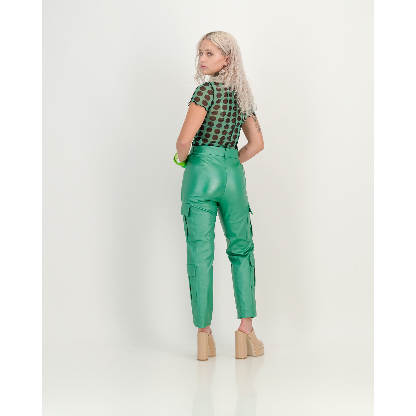Metallic Cargo Pants in Emerald Green