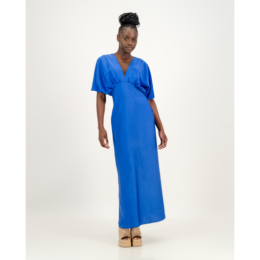 Short Sleeve Satin Formal Dress in Royal Blue