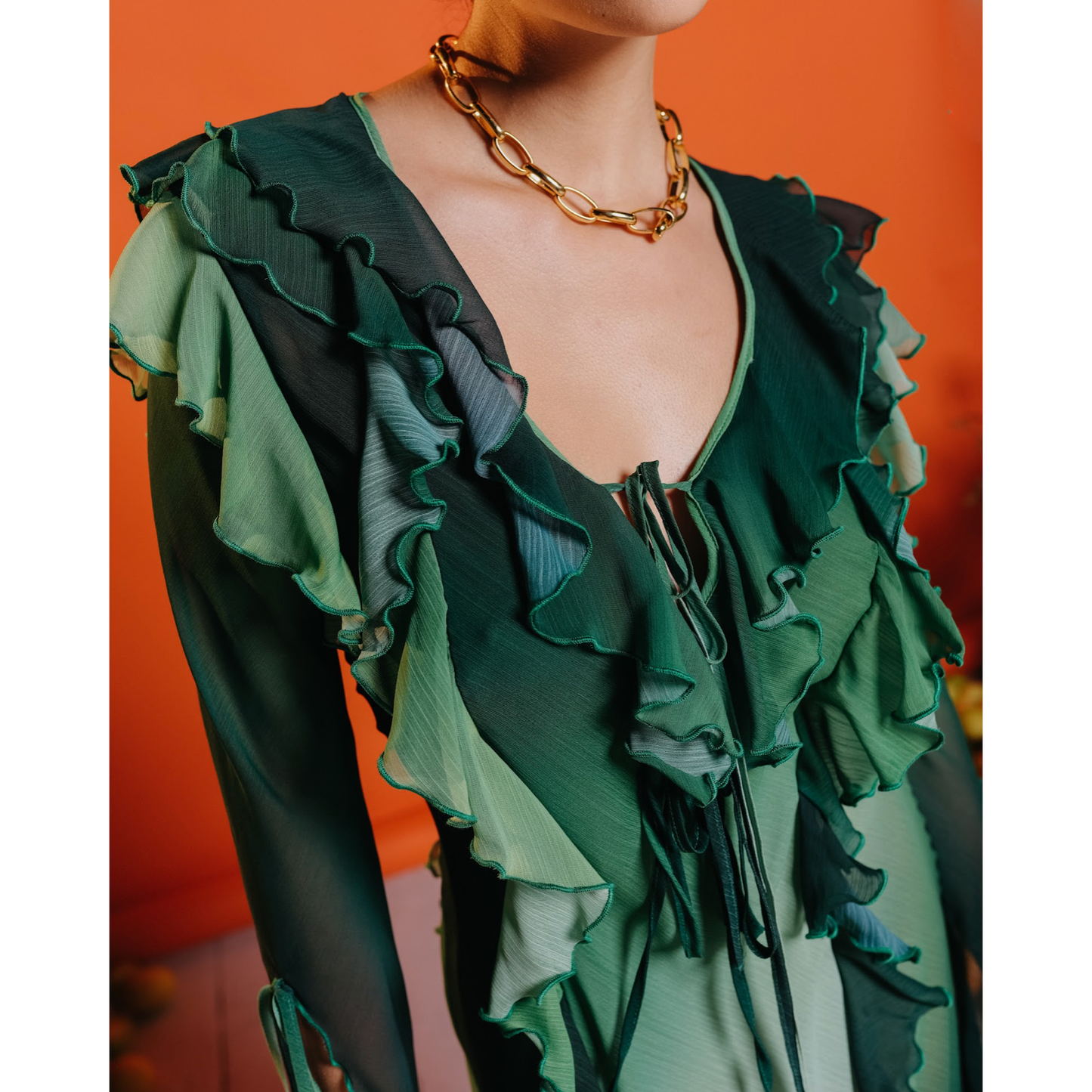 Maxi Ruffle Sheer Dress in Green Ombre
