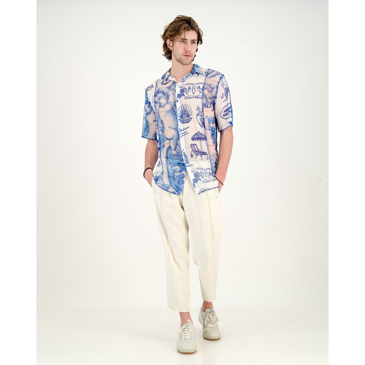 Mesh Shirt - Blue & White Tile & Italian Summer Print