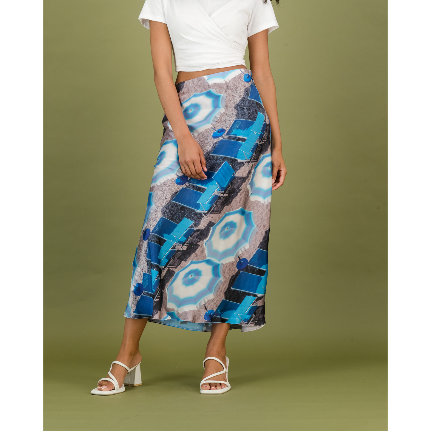 Slip Skirt in Blue & White Umbrella Print