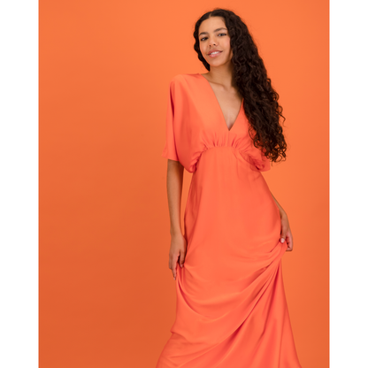 Short Sleeve Satin Formal Dress in Fire Orange