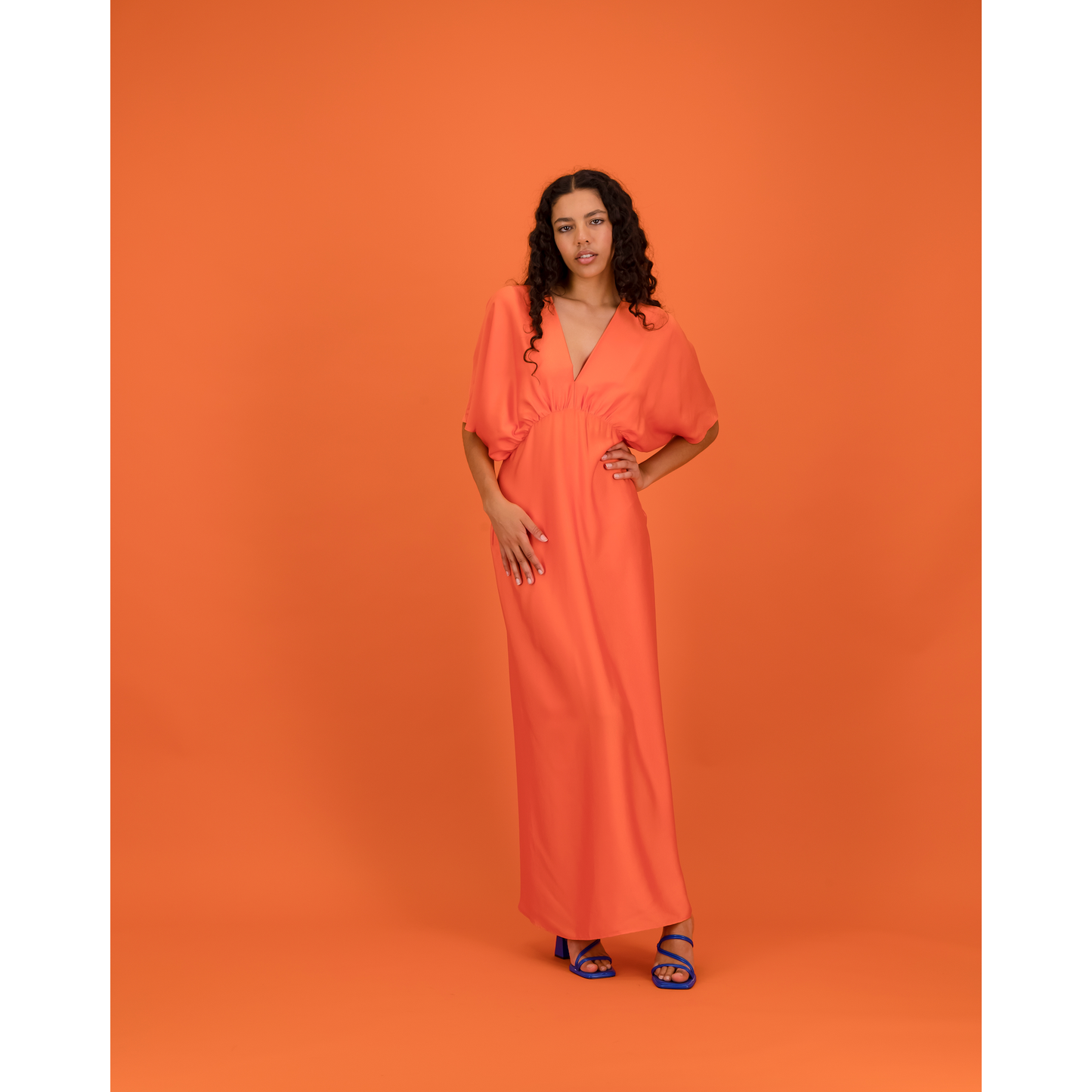 Short Sleeve Satin Formal Dress in Fire Orange