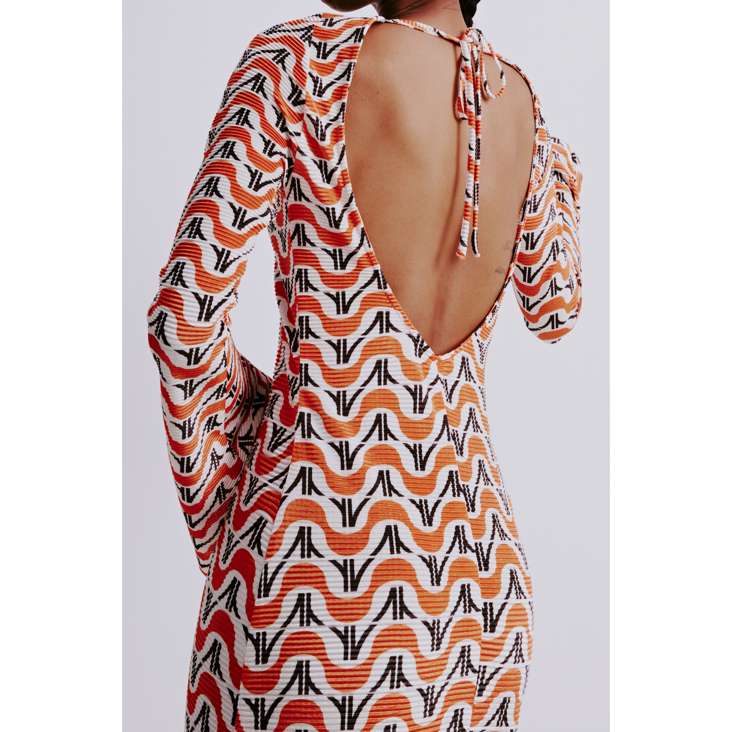 Plisse Long Sleeve Dress in Orange & Cream RV Print