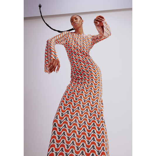 Plisse Long Sleeve Dress in Orange & Cream RV Print