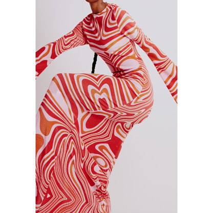 Plisse Long Sleeve Dress in Pink & Red Swirl Print