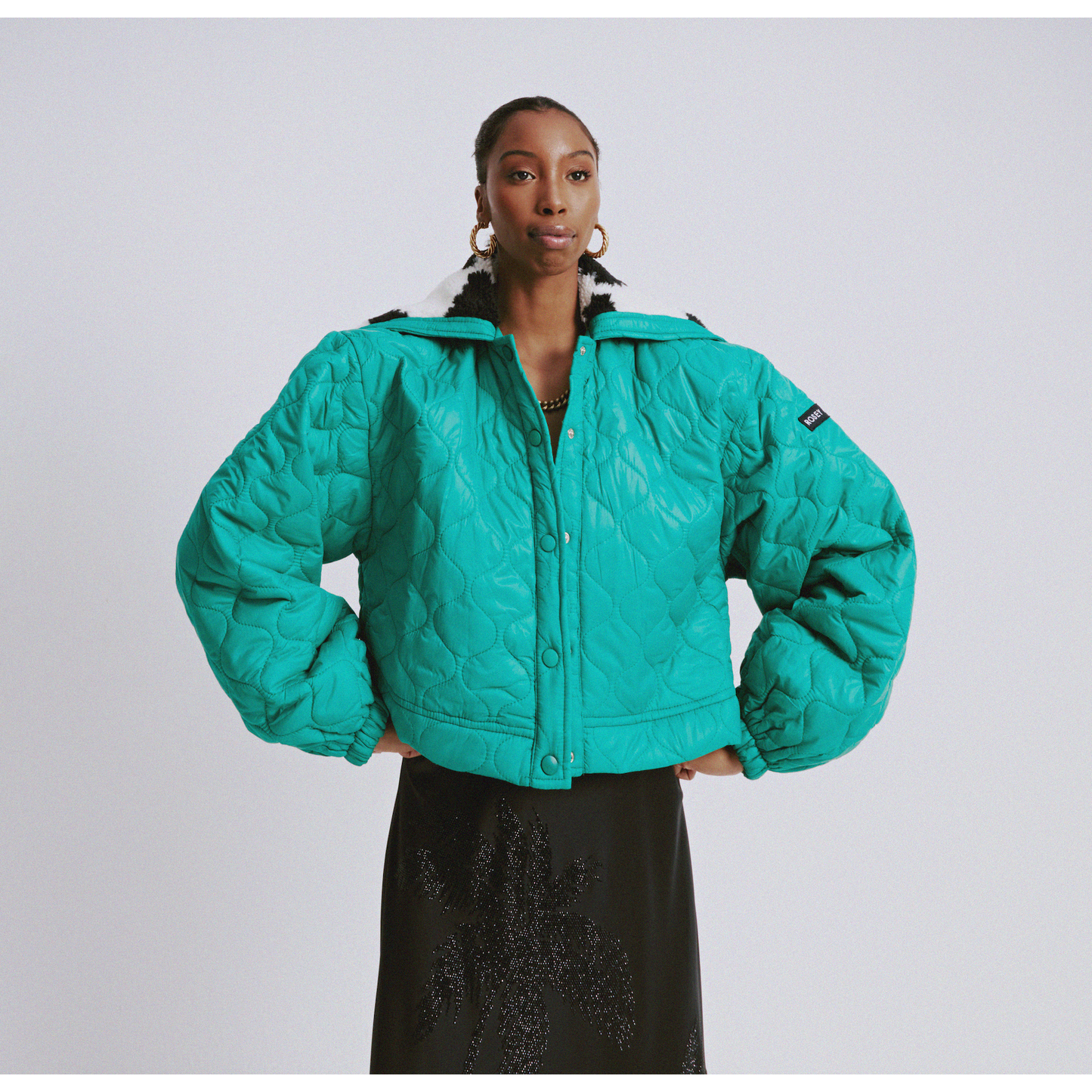 Cropped Puffer with Sherpa Collar in Green