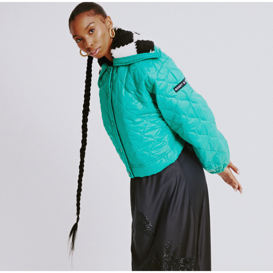 Cropped Puffer with Sherpa Collar in Green