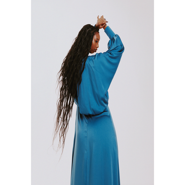 Long Sleeve Satin Formal Dress in Mallard Blue