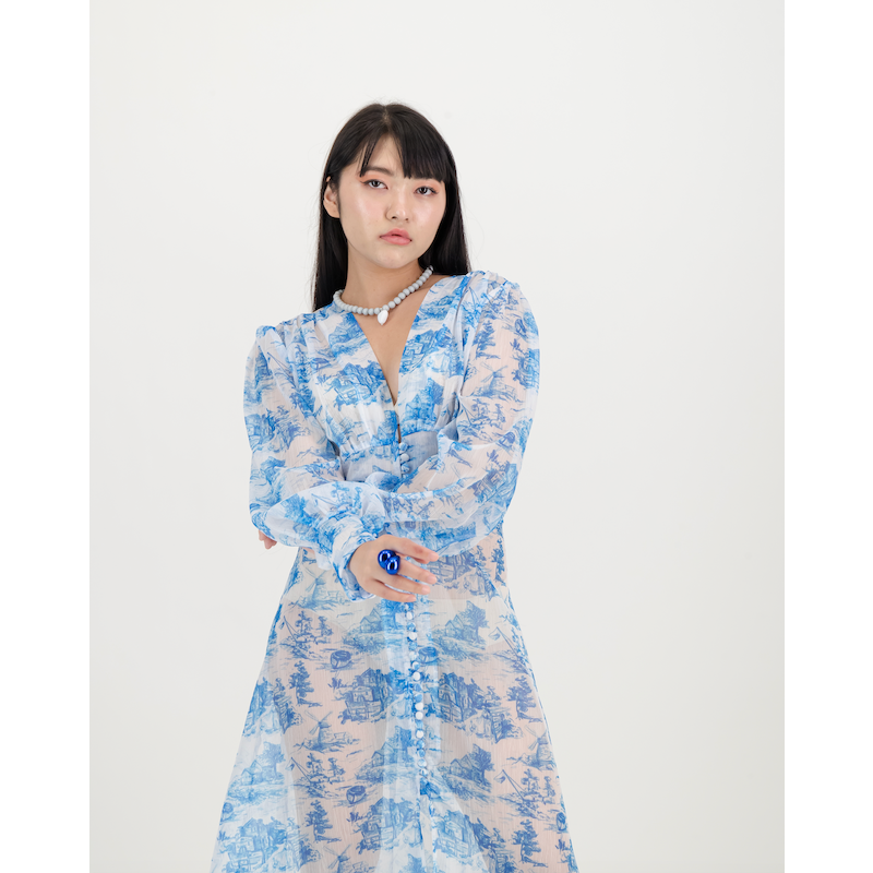 Yoryu Button Front Dress in Blue Toile de Jure