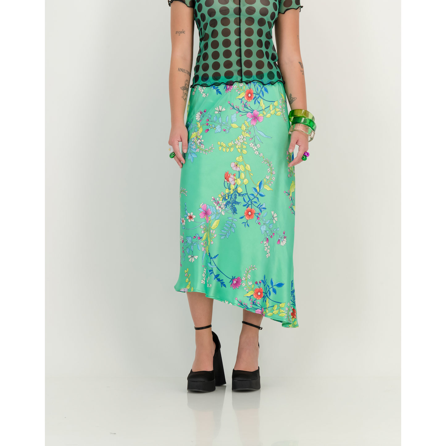 Satin Print Skirt in Green Based Floral